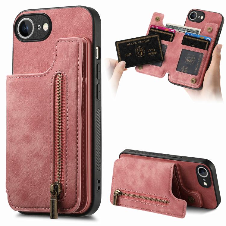 For iPhone 16e Retro Leather Zipper Wallet Back Phone Case(Pink) by bashfashion