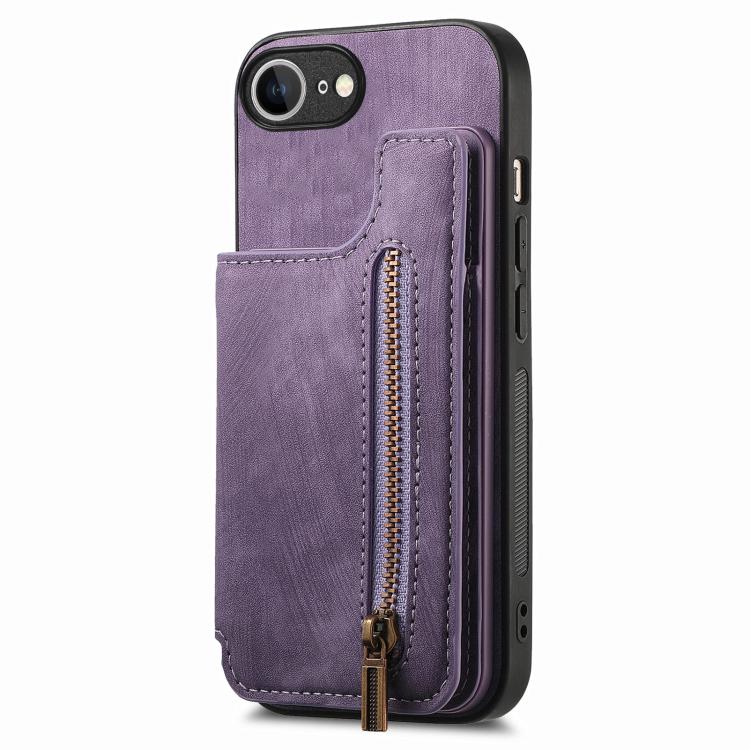 For iPhone 16e Retro Leather Zipper Wallet Back Phone Case(Purple) by bashfashion