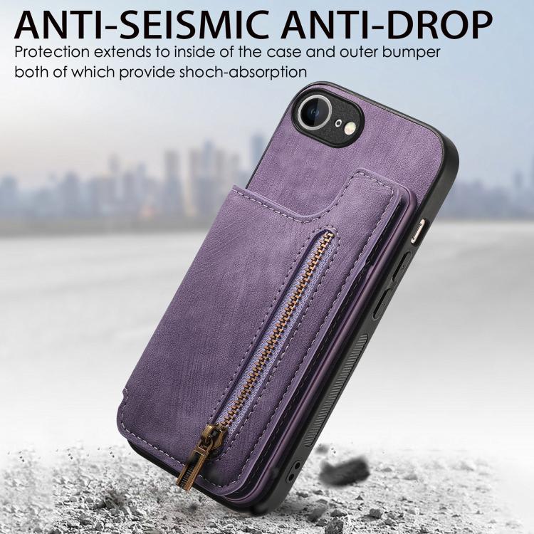 For iPhone 16e Retro Leather Zipper Wallet Back Phone Case(Purple) by bashfashion