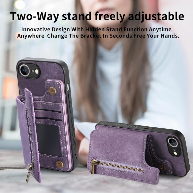 For iPhone 16e Retro Leather Zipper Wallet Back Phone Case(Purple) by bashfashion