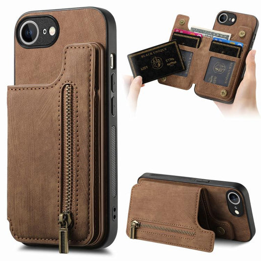 For iPhone 16e Retro Leather Zipper Wallet Back Phone Case(Brown) by bashfashion