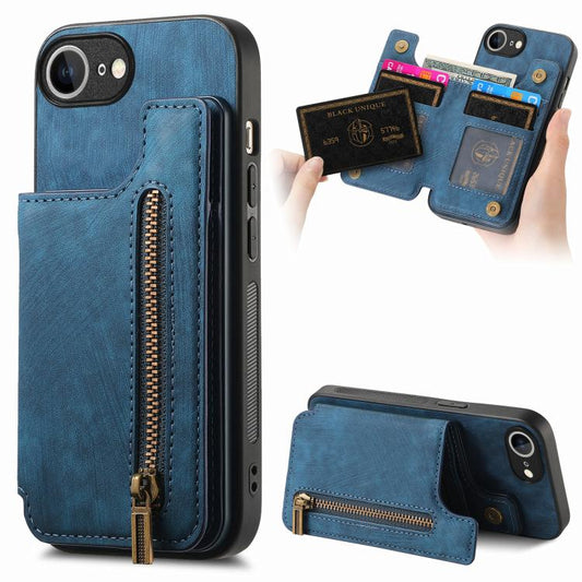 For iPhone 16e Retro Leather Zipper Wallet Back Phone Case(Blue) by bashfashion