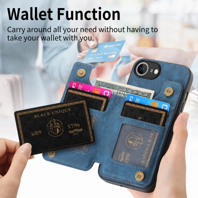 For iPhone 16e Retro Leather Zipper Wallet Back Phone Case(Blue) by bashfashion
