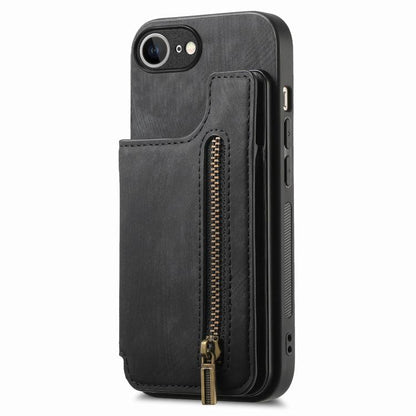 For iPhone 16e Retro Leather Zipper Wallet Back Phone Case(Black) by bashfashion