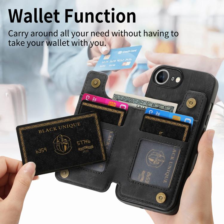 For iPhone 16e Retro Leather Zipper Wallet Back Phone Case(Black) by bashfashion