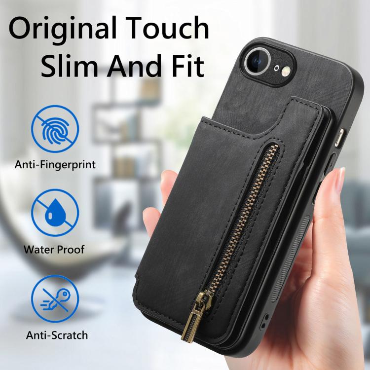For iPhone 16e Retro Leather Zipper Wallet Back Phone Case(Black) by bashfashion