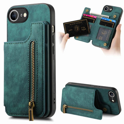 For iPhone 16e Retro Leather Zipper Wallet Back Phone Case(Green) by bashfashion