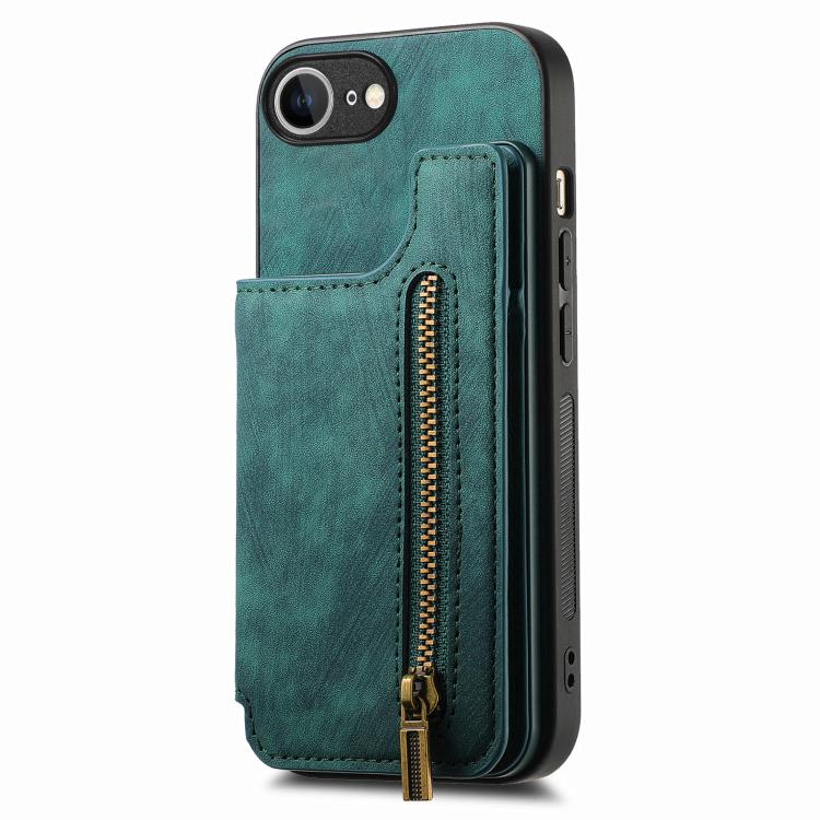 For iPhone 16e Retro Leather Zipper Wallet Back Phone Case(Green) by bashfashion