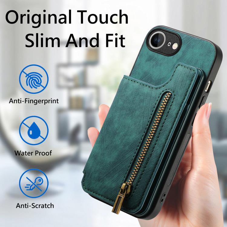 For iPhone 16e Retro Leather Zipper Wallet Back Phone Case(Green) by bashfashion