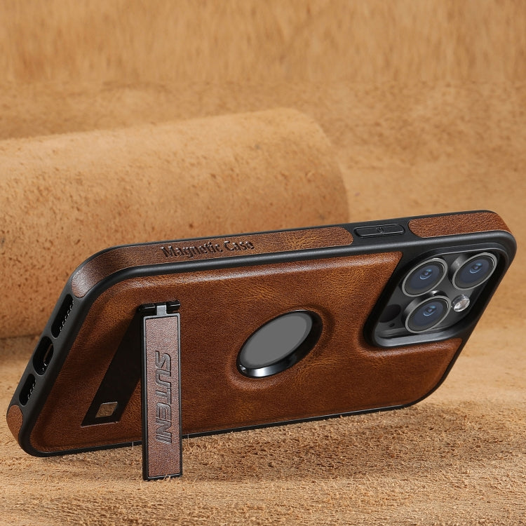For iPhone 15 Pro Max Suteni G2 Magsafe Oil Wax Leather Back Phone Case with Holder(Brown) by Suteni