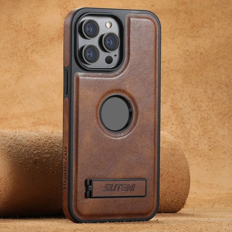 For iPhone 15 Pro Suteni G2 Magsafe Oil Wax Leather Back Phone Case with Holder(Brown) by Suteni