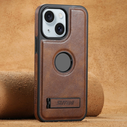 For iPhone 15 Plus Suteni G2 Magsafe Oil Wax Leather Back Phone Case with Holder(Brown) by Suteni