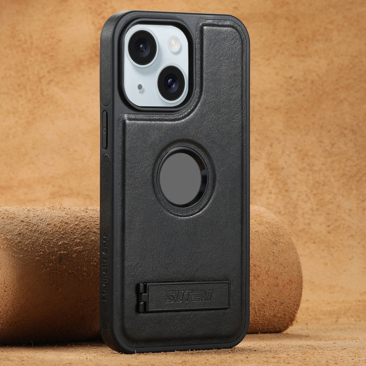 For iPhone 15 Suteni G2 Magsafe Oil Wax Leather Back Phone Case with Holder(Black) by Suteni