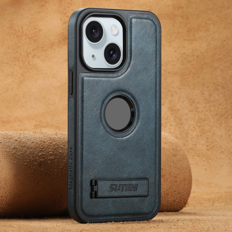 For iPhone 15 Suteni G2 Magsafe Oil Wax Leather Back Phone Case with Holder(Blue) by Suteni