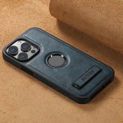 For iPhone 15 Suteni G2 Magsafe Oil Wax Leather Back Phone Case with Holder(Blue) by Suteni