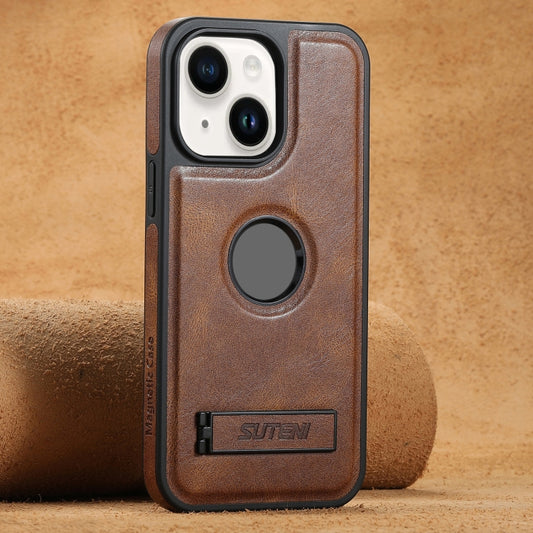 For iPhone 14 Suteni G2 Magsafe Oil Wax Leather Back Phone Case with Holder(Brown) by Suteni