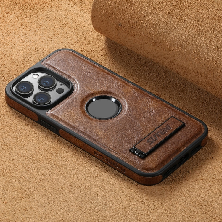 For iPhone 14 Suteni G2 Magsafe Oil Wax Leather Back Phone Case with Holder(Brown) by Suteni