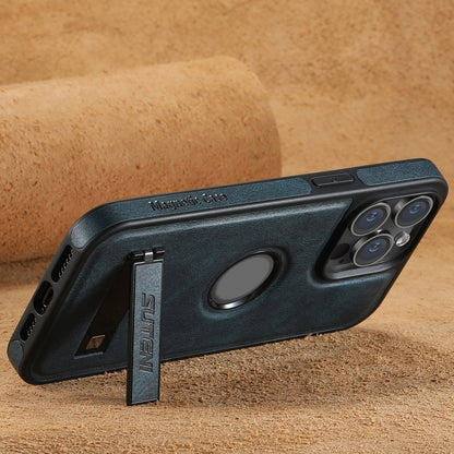 For iPhone 13 Suteni G2 Magsafe Oil Wax Leather Back Phone Case with Holder(Blue) by Suteni