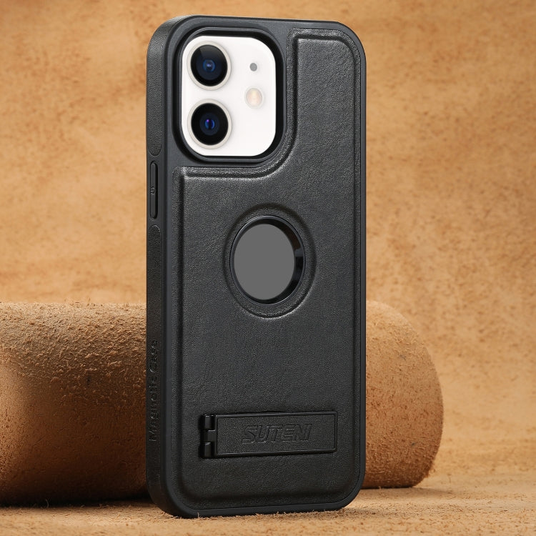 For iPhone 12 Suteni G2 Magsafe Oil Wax Leather Back Phone Case with Holder(Black) by Suteni