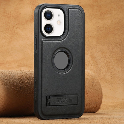 For iPhone 12 Suteni G2 Magsafe Oil Wax Leather Back Phone Case with Holder(Black) by Suteni