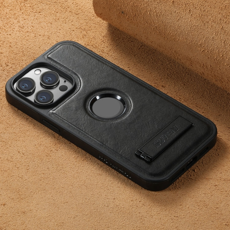 For iPhone 12 Suteni G2 Magsafe Oil Wax Leather Back Phone Case with Holder(Black) by Suteni