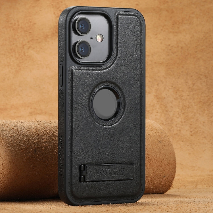 For iPhone 16 Plus Suteni G2 Magsafe Oil Wax Leather Back Phone Case with Holder(Black) by Suteni