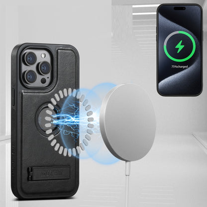 For iPhone 16 Pro Max Suteni G2 Magsafe Oil Wax Leather Back Phone Case with Holder(Black) by Suteni