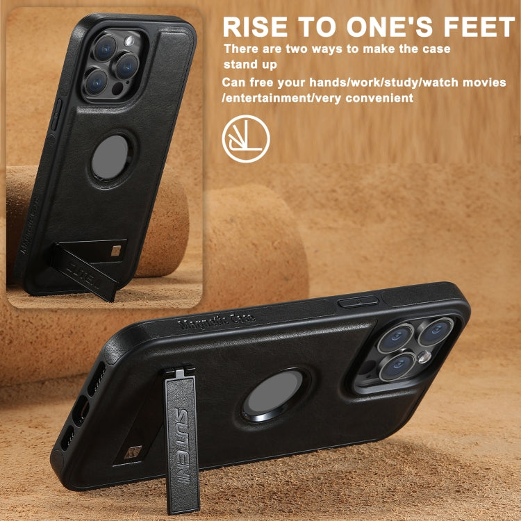 For iPhone 16 Pro Max Suteni G2 Magsafe Oil Wax Leather Back Phone Case with Holder(Black) by Suteni