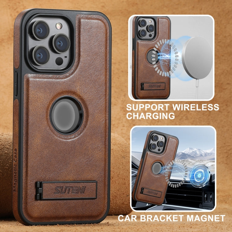 For iPhone 16 Pro Max Suteni G2 Magsafe Oil Wax Leather Back Phone Case with Holder(Brown) by Suteni