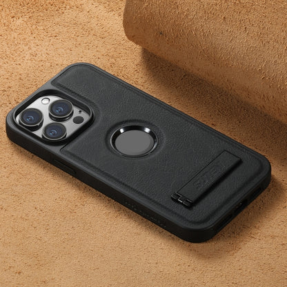 For iPhone 15 Pro Suteni G2 Magsafe Litchi Texture Leather Back Phone Case with Holder(Black) by Suteni