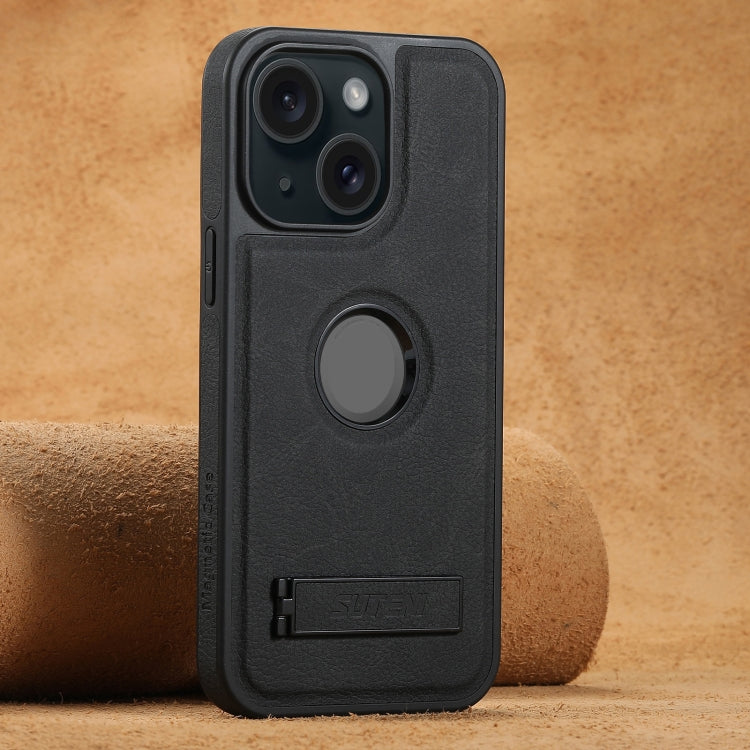For iPhone 15 Plus Suteni G2 Magsafe Litchi Texture Leather Back Phone Case with Holder(Black) by Suteni