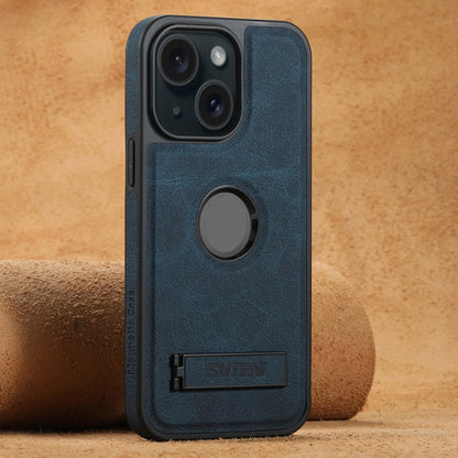For iPhone 15 Plus Suteni G2 Magsafe Litchi Texture Leather Back Phone Case with Holder(Blue) by Suteni