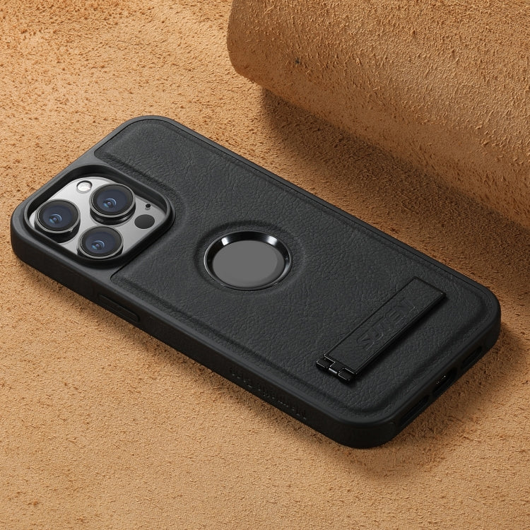 For iPhone 15 Suteni G2 Magsafe Litchi Texture Leather Back Phone Case with Holder(Black) by Suteni