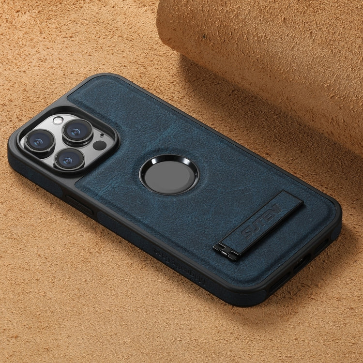 For iPhone 15 Suteni G2 Magsafe Litchi Texture Leather Back Phone Case with Holder(Blue) by Suteni