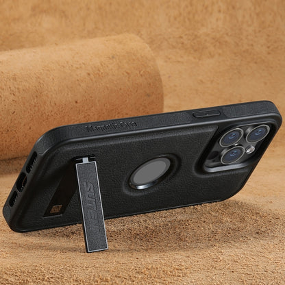 For iPhone 14 Pro Suteni G2 Magsafe Litchi Texture Leather Back Phone Case with Holder(Black) by Suteni