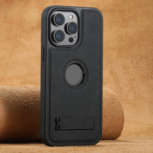 For iPhone 14 Pro Max Suteni G2 Magsafe Litchi Texture Leather Back Phone Case with Holder(Black) by Suteni