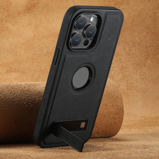 For iPhone 13 Suteni G2 Magsafe Litchi Texture Leather Back Phone Case with Holder(Black) by Suteni