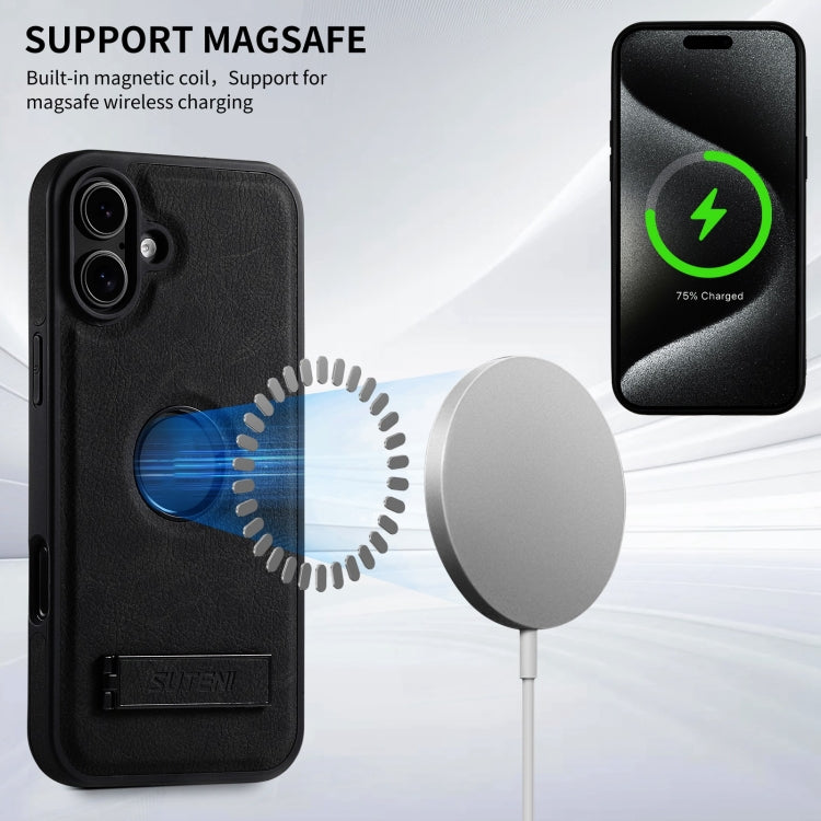 For iPhone 16 Suteni G2 Magsafe Litchi Texture Leather Back Phone Case with Holder(Black) by Suteni