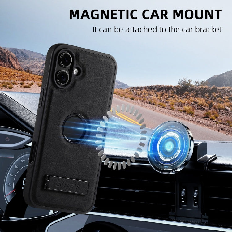 For iPhone 16 Suteni G2 Magsafe Litchi Texture Leather Back Phone Case with Holder(Black) by Suteni