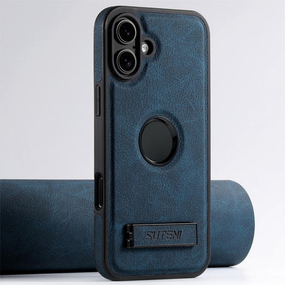 For iPhone 16 Suteni G2 Magsafe Litchi Texture Leather Back Phone Case with Holder(Blue) by Suteni