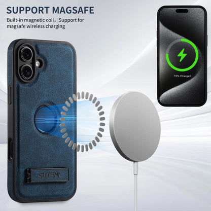 For iPhone 16 Suteni G2 Magsafe Litchi Texture Leather Back Phone Case with Holder(Blue) by Suteni