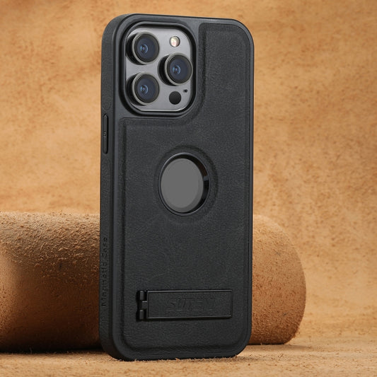 For iPhone 16 Pro Suteni G2 Magsafe Litchi Texture Leather Back Phone Case with Holder(Black) by Suteni