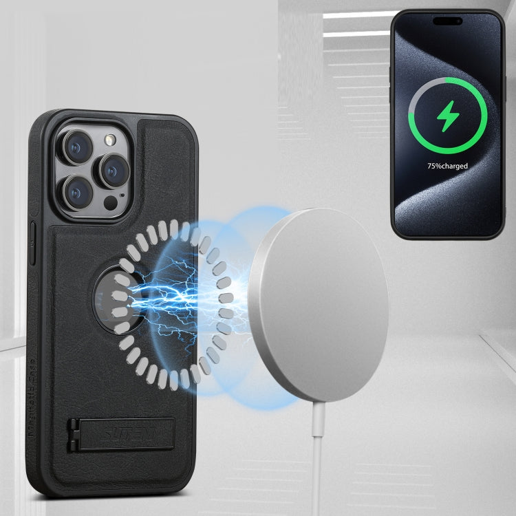 For iPhone 16 Pro Suteni G2 Magsafe Litchi Texture Leather Back Phone Case with Holder(Black) by Suteni