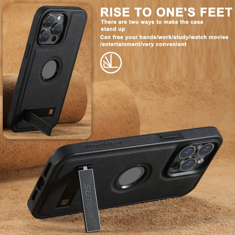 For iPhone 16 Pro Suteni G2 Magsafe Litchi Texture Leather Back Phone Case with Holder(Black) by Suteni
