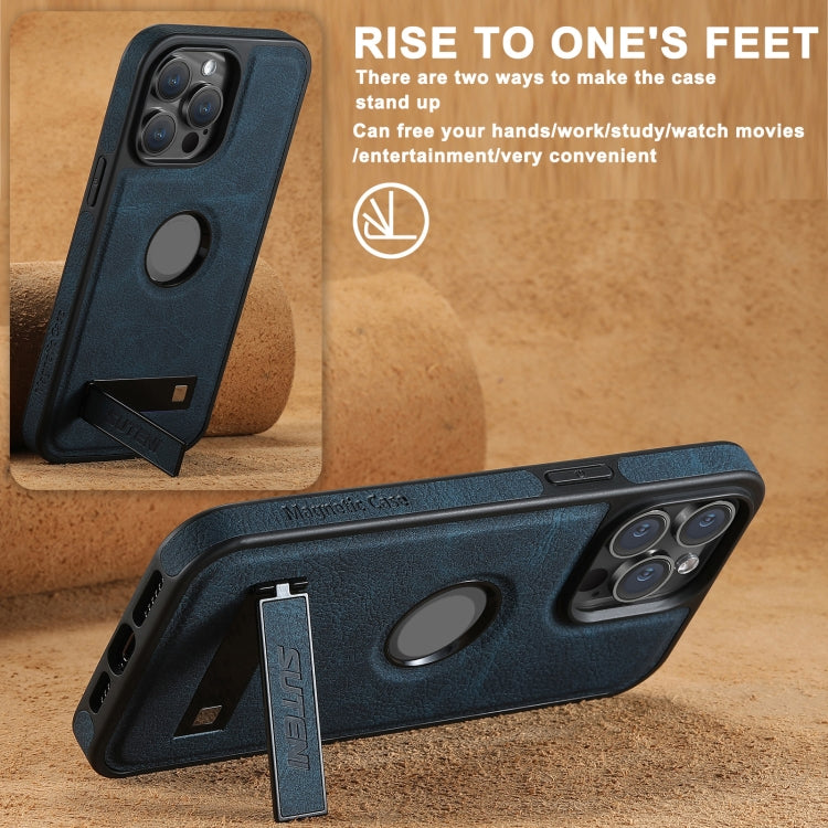 For iPhone 16 Pro Suteni G2 Magsafe Litchi Texture Leather Back Phone Case with Holder(Blue) by Suteni