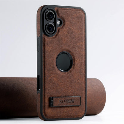 For iPhone 16 Plus Suteni G2 Magsafe Litchi Texture Leather Back Phone Case with Holder(Brown) by Suteni