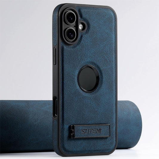 For iPhone 16 Plus Suteni G2 Magsafe Litchi Texture Leather Back Phone Case with Holder(Blue) by Suteni
