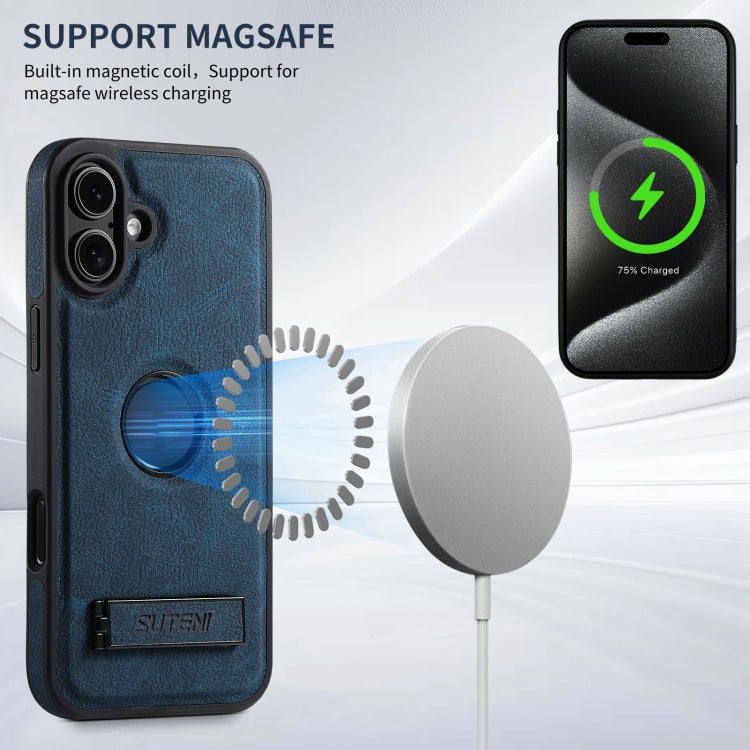 For iPhone 16 Plus Suteni G2 Magsafe Litchi Texture Leather Back Phone Case with Holder(Blue) by Suteni