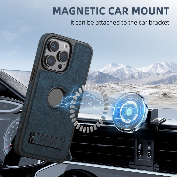 For iPhone 16 Pro Max Suteni G2 Magsafe Litchi Texture Leather Back Phone Case with Holder(Blue) by Suteni