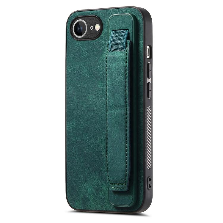 For iPhone 16e Retro Wristband Holder Leather Back Phone Case(Green) by bashfashion